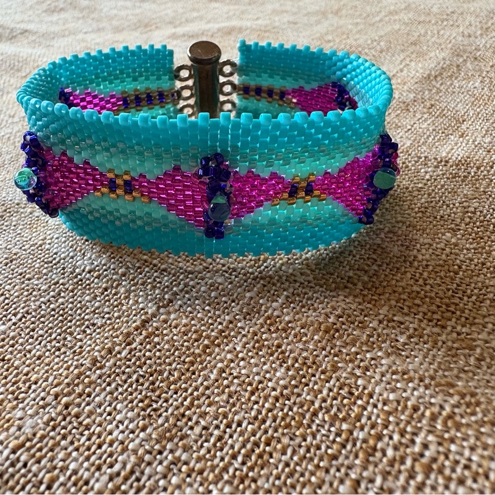 Handcrafted Turquoise and Pink Beaded Cuff Bracelet